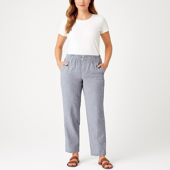 Briggs Striped Stretch Waistband Linen Blend Straight Leg Pull On Pants Size M - Picture 2 of 11